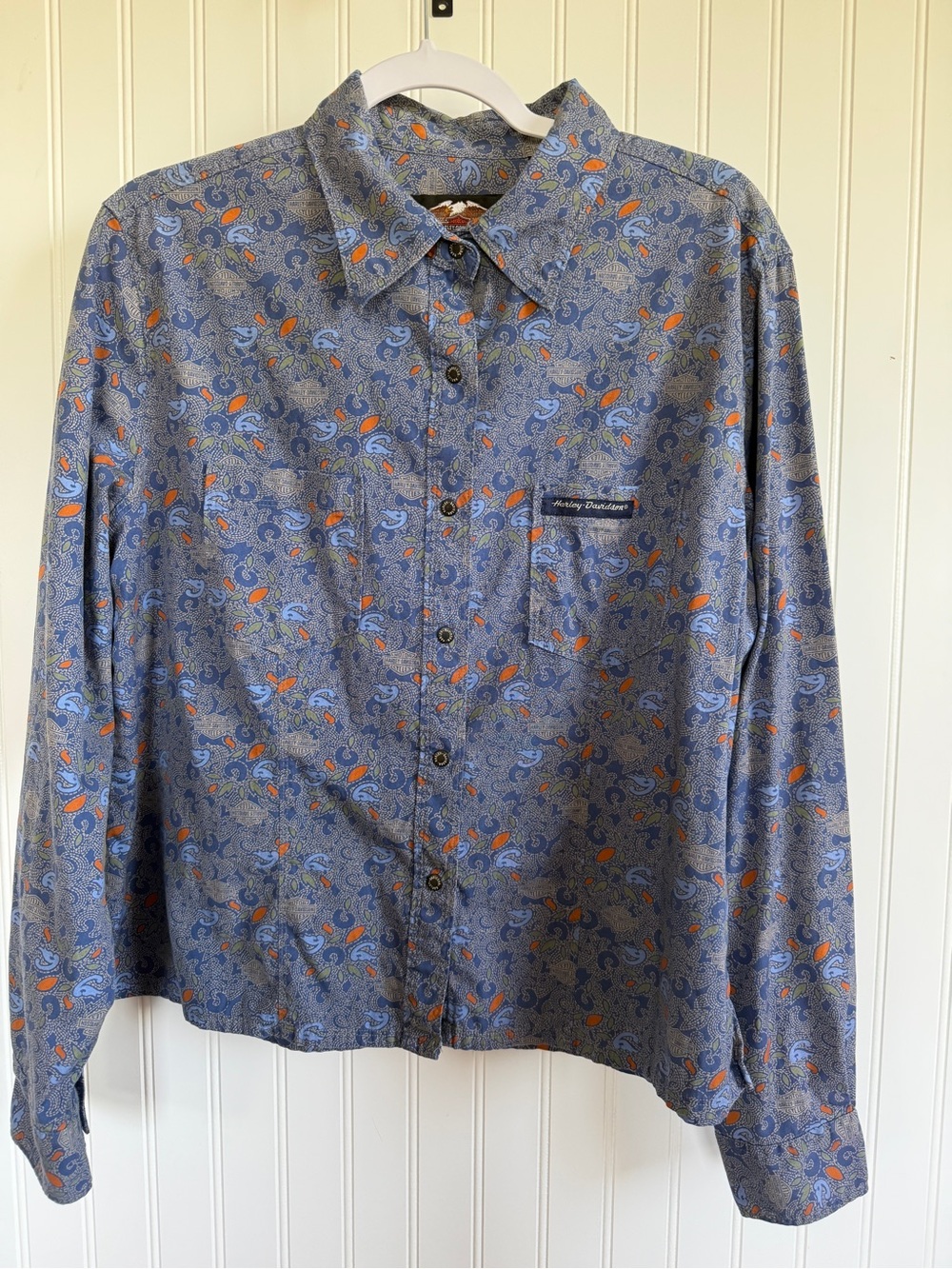 Harley-Davidson Blue Orange and Cream Logo Snap Button-Up Women’s Shirt Size XL